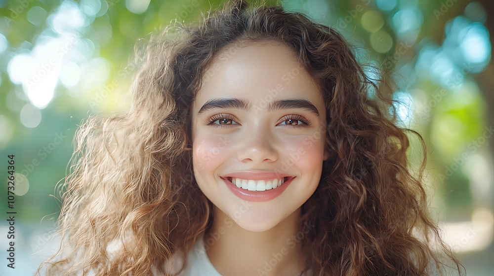 Smiling young woman radiates joy in a natural outdoor setting with lush greenery Smiling young woman radiates joy in a natural outdoor setting with lush greenery