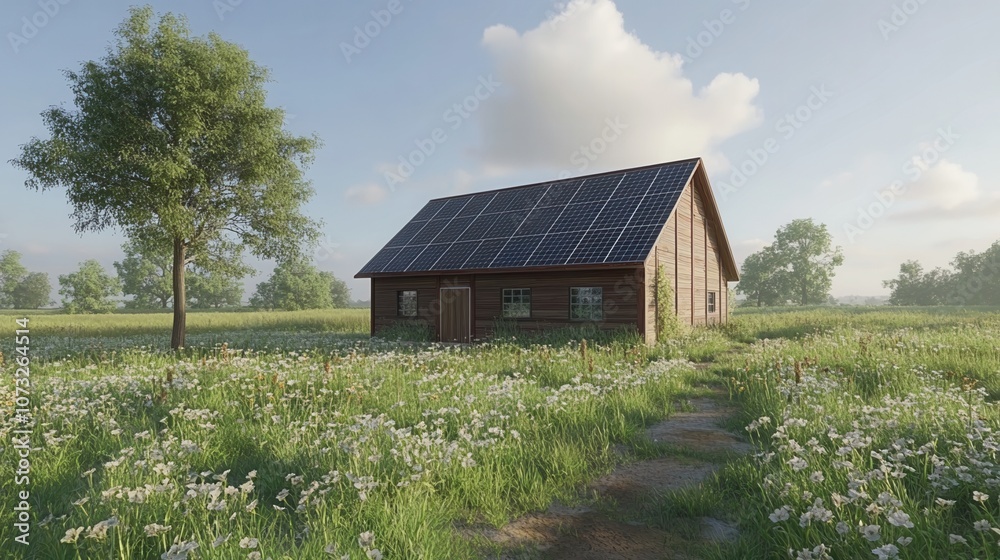 A rustic wooden house with solar panels surrounded by a field of wildflowers and lush greenery on a sunny day. A rustic wooden house with solar panels surrounded by a field of wildflowers and lush greenery on a sunny day.