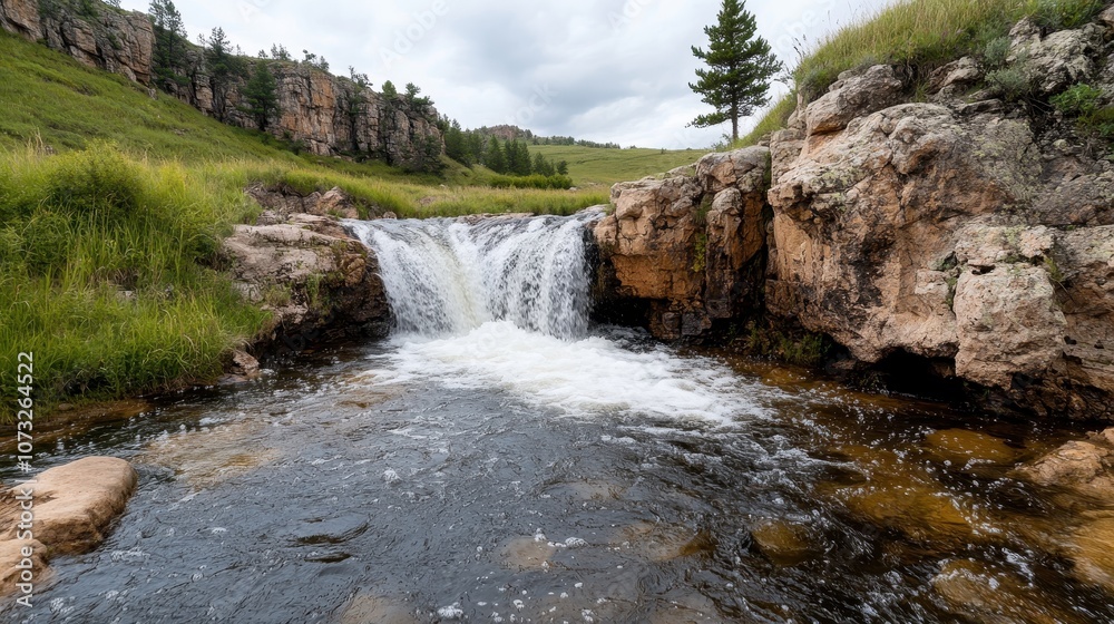A small charming waterfall cascading into a calm stream amidst lush greenery, flanked by rocky formations in a tranquil natural setting, under an overcast sky. A small charming waterfall cascading into a calm stream amidst lush greenery, flanked by rocky formations in a tranquil natural setting, under an overcast sky.