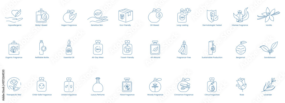 Vector Icons for Hypoallergenic, Vegan, Water-Based, Organic, All-Natural, and Unisex Fragrances Vector Icons for Hypoallergenic, Vegan, Water-Based, Organic, All-Natural, and Unisex Fragrances