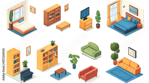 Vector isometric home rooms set. Rooms cross sections. Bedroom, living room, kitchen, home office, dining room. Furniture and decoration. Modern and classic interior flat designs.