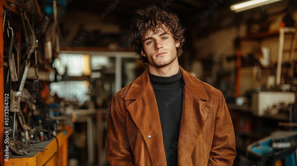 A casually styled man wearing a brown coat stands confidently in a workshop setting, symbolizing creativity and craftsmanship within a modern, detailed environment. A casually styled man wearing a brown coat stands confidently in a workshop setting, symbolizing creativity and craftsmanship within a modern, detailed environment.