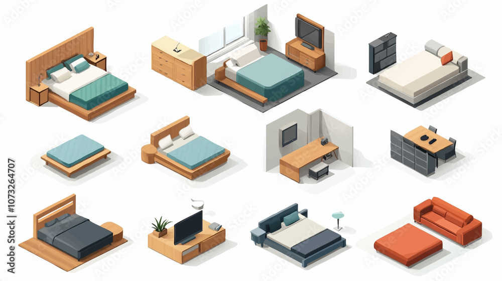 Vector isometric home rooms set. Rooms cross sections. Bedroom, living room, kitchen, home office, dining room. Furniture and decoration. Modern and classic interior flat designs. Vector isometric home rooms set. Rooms cross sections. Bedroom, living room, kitchen, home office, dining room. Furniture and decoration. Modern and classic interior flat designs.