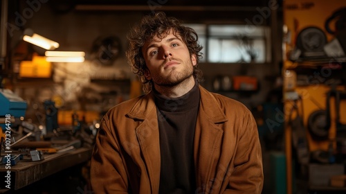 A pensive young man sitting inside a workshop, surrounded by tools and machinery, wearing a brown coat over a black turtleneck, embracing a creative mood.