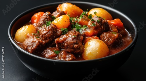 Enjoy a hearty bowl of classic beef stew, rich and full of flavor with tender pieces of beef, potatoes, and carrots, creating a delightful taste for food lovers.