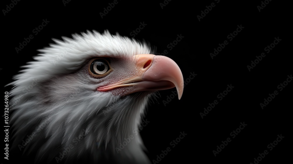 A detailed profile of an eagle with a sharp gaze, captured against a dark background, highlighting its feathers and piercing eyes in dramatic lighting.