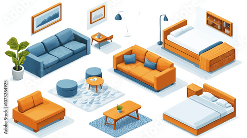 Vector isometric home rooms set. Rooms cross sections. Bedroom, living room, kitchen, home office, dining room. Furniture and decoration. Modern and classic interior flat designs.