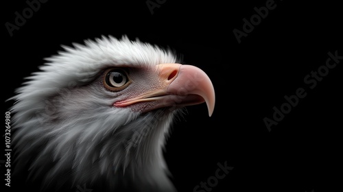 A detailed profile of an eagle with a sharp gaze, captured against a dark background, highlighting its feathers and piercing eyes in dramatic lighting. photo