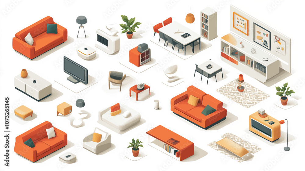 Vector isometric home rooms set. Rooms cross sections. Bedroom, living room, kitchen, home office, dining room. Furniture and decoration. Modern and classic interior flat designs. Vector isometric home rooms set. Rooms cross sections. Bedroom, living room, kitchen, home office, dining room. Furniture and decoration. Modern and classic interior flat designs.