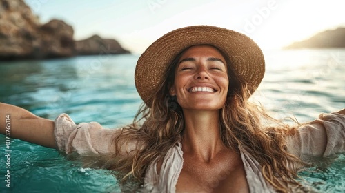 A joyful woman with long hair, wearing a hat, smiles broadly while enjoying a refreshing swim in clear blue waters, exuding freedom and summer happiness.