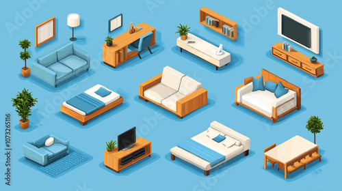 Vector isometric home rooms set. Rooms cross sections. Bedroom, living room, kitchen, home office, dining room. Furniture and decoration. Modern and classic interior flat designs.