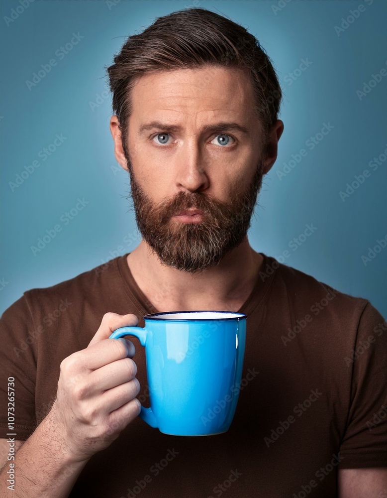 Man holding a blue mug with sad face because is blue Monday Man holding a blue mug with sad face because is blue Monday