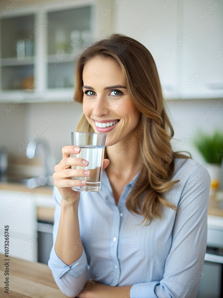 A person drinking water from a glass in the kitchen. A person drinking water from a glass in the kitchen.