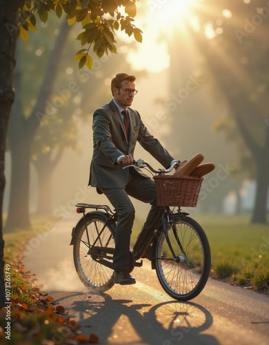 Businessman cycling through autumn park at sunrise for a relaxed commute concept