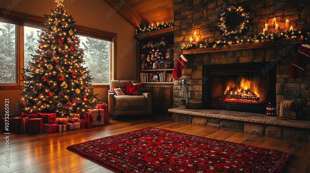 A cozy room decorated for Christmas with a fireplace, a Christmas tree and presents. A cozy room decorated for Christmas with a fireplace, a Christmas tree and presents.