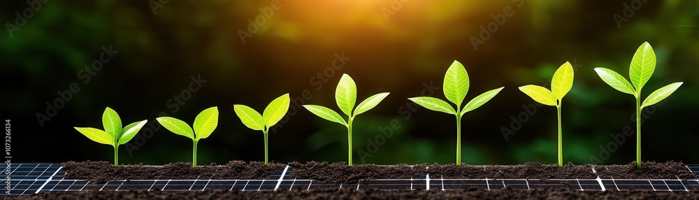 A series of green seedlings growing in soil, symbolizing growth and sustainability under warm sunlight. A series of green seedlings growing in soil, symbolizing growth and sustainability under warm sunlight.