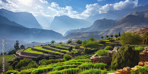 Terraced fields in a mountain valley with mist and sunlight.