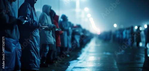 A solemn gathering at night, where individuals stand in line, reflecting a moment of unity and devotion under soft lighting.