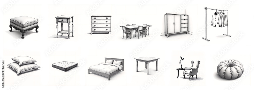 Pencil Sketch Drawing of Various Furniture Pieces on White Background