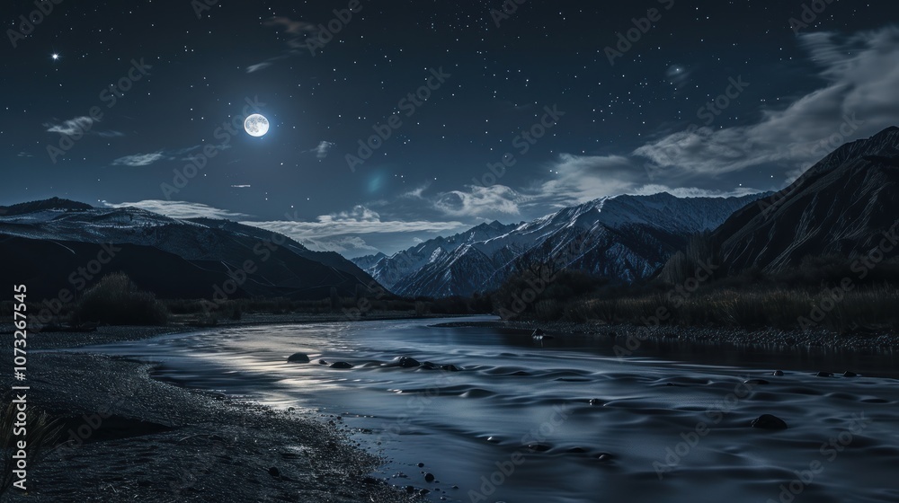 Obraz premium Moonlight River in Mountain Valley