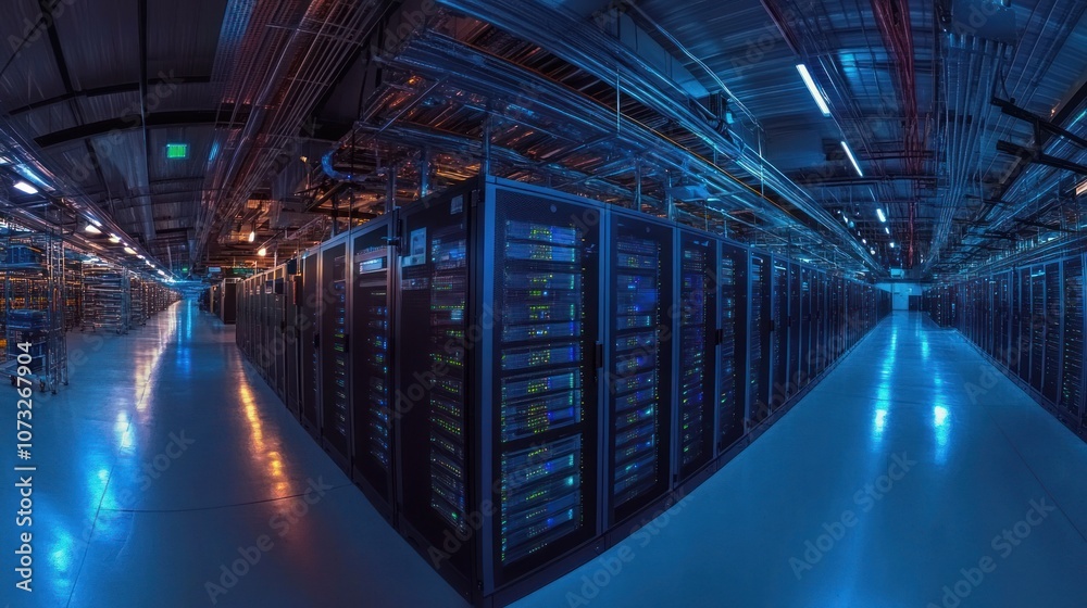 Panoramic view of a high-tech data center with rows of servers, LED lights, and advanced computing systems Panoramic view of a high-tech data center with rows of servers, LED lights, and advanced computing systems