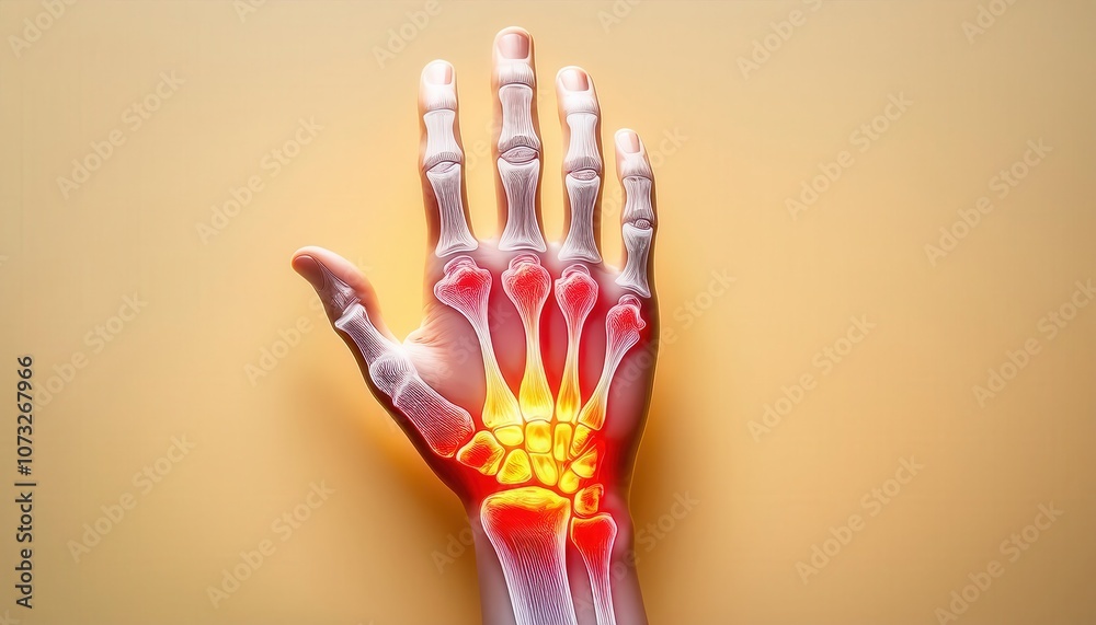 Human Hand Anatomy with Highlighted Joint Inflammation. Detailed Medical Illustration of Bones and Joints in Wrist and Fingers, Ideal for Arthritis, Pain, and Rheumatology Concepts Human Hand Anatomy with Highlighted Joint Inflammation. Detailed Medical Illustration of Bones and Joints in Wrist and Fingers, Ideal for Arthritis, Pain, and Rheumatology Concepts