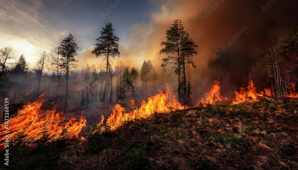 Dramatic Forest Wildfire Raging Through Pine Trees at Sunset with Intense Flames, Thick Smoke Clouds, and Dying Vegetation. Symbol of Environmental Crisis, Climate Change, and Deforestation Impact Dramatic Forest Wildfire Raging Through Pine Trees at Sunset with Intense Flames, Thick Smoke Clouds, and Dying Vegetation. Symbol of Environmental Crisis, Climate Change, and Deforestation Impact