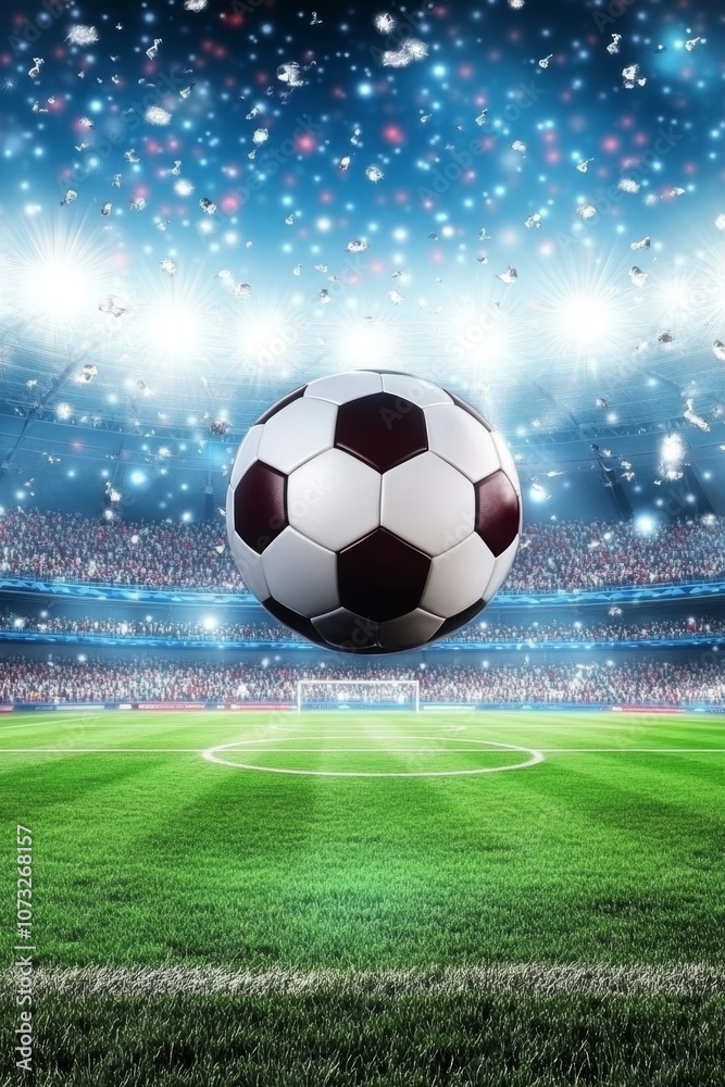Fototapeta premium Soccer Ball In Shining Stadium, Football Championship, Competition Concept. 3D Illustration