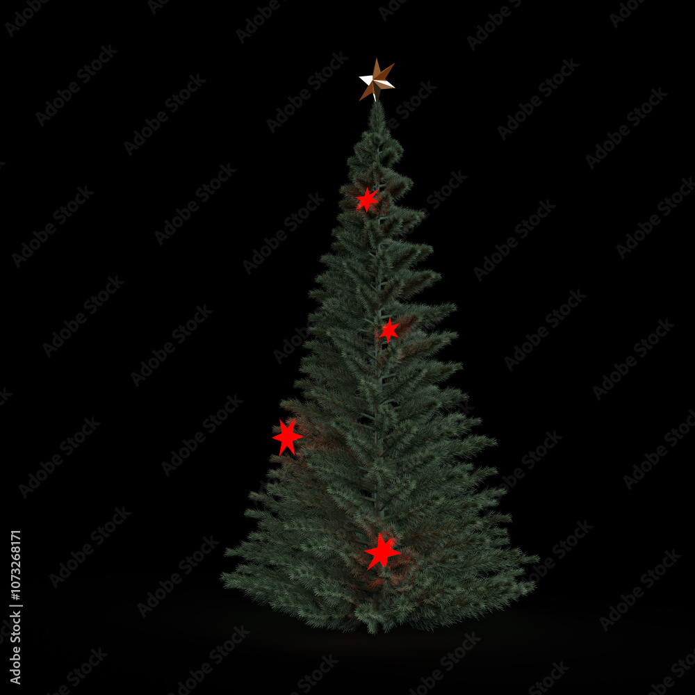Christmas tree decorated with red stars and golden star topper on black background Christmas tree decorated with red stars and golden star topper on black background