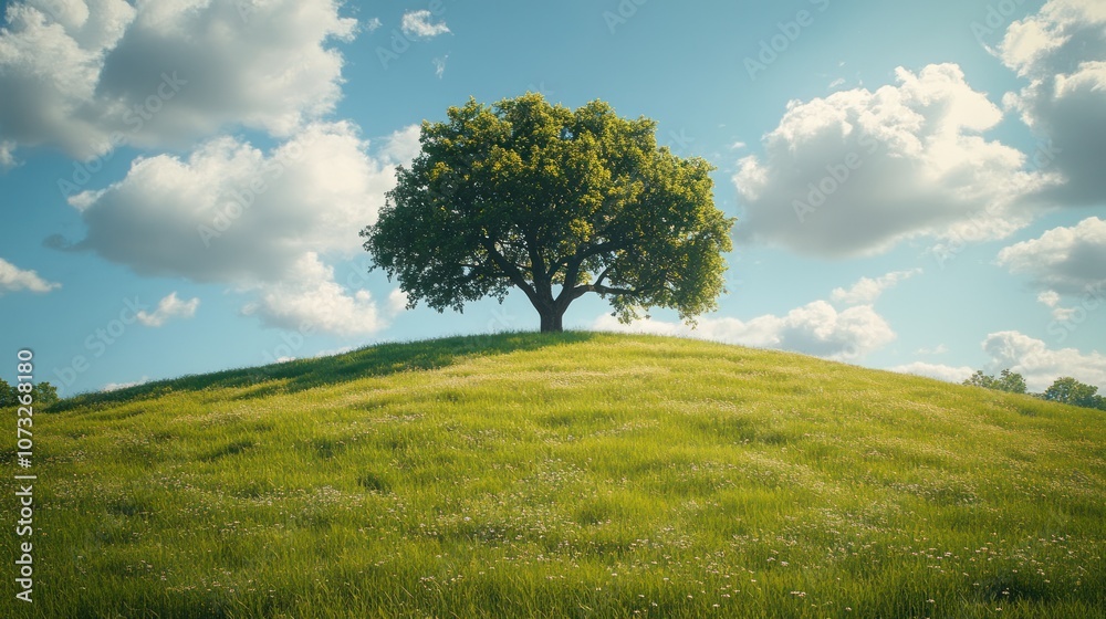 A single tree stands tall on a grassy hill against a backdrop of blue sky and fluffy white clouds. A single tree stands tall on a grassy hill against a backdrop of blue sky and fluffy white clouds.