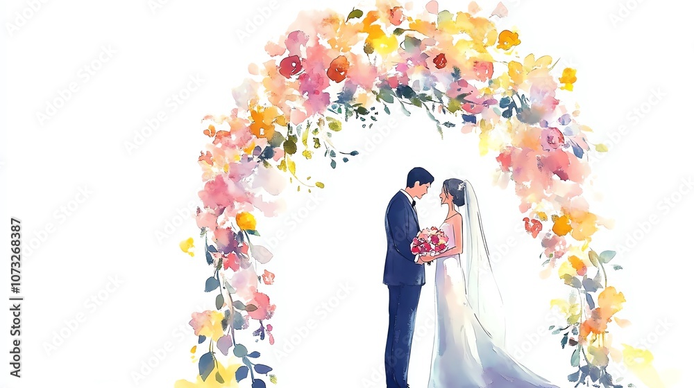 a 2D cartoon illustration of a couple getting married under an arch of flowers, beautiful and joyous, white background--ar 16:9 a 2D cartoon illustration of a couple getting married under an arch of flowers, beautiful and joyous, white background--ar 16:9