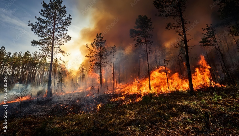 Dramatic Forest Wildfire Raging Through Pine Trees at Sunset with Intense Flames, Thick Smoke Clouds, and Dying Vegetation. Symbol of Environmental Crisis, Climate Change, and Deforestation Impact Dramatic Forest Wildfire Raging Through Pine Trees at Sunset with Intense Flames, Thick Smoke Clouds, and Dying Vegetation. Symbol of Environmental Crisis, Climate Change, and Deforestation Impact