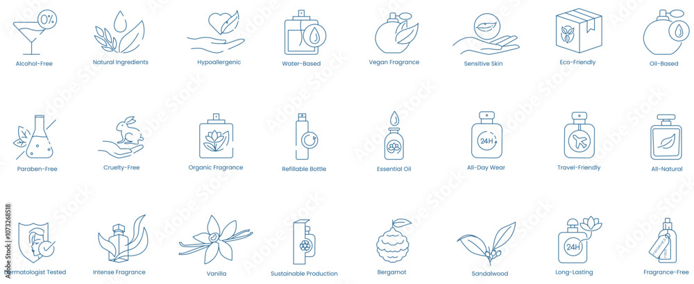 Vector Icons for Alcohol-Free, Natural Ingredients, Hypoallergenic, Water-Based, Vegan Fragrance, Sensitive Skin, Eco-Friendly, Oil-Based, Paraben-Free, Cruelty-Free, Organic Fragrance Vector Icons for Alcohol-Free, Natural Ingredients, Hypoallergenic, Water-Based, Vegan Fragrance, Sensitive Skin, Eco-Friendly, Oil-Based, Paraben-Free, Cruelty-Free, Organic Fragrance