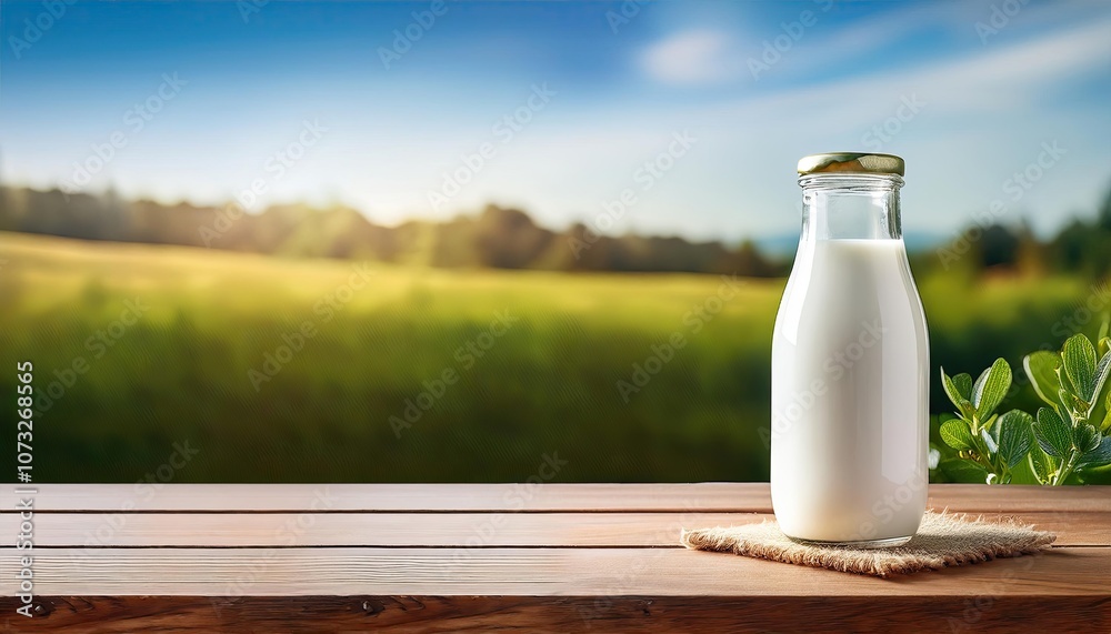 beautiful glass bottle of milk on wooden desk table top with nature background , space for text, cards banners or posters beautiful glass bottle of milk on wooden desk table top with nature background , space for text, cards banners or posters