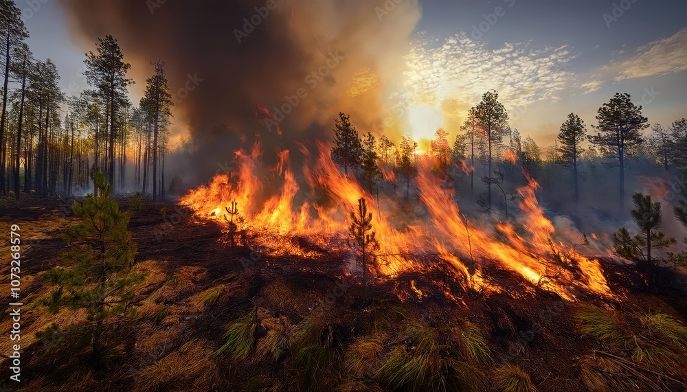 Dramatic Forest Wildfire Raging Through Pine Trees at Sunset with Intense Flames, Thick Smoke Clouds, and Dying Vegetation. Symbol of Environmental Crisis, Climate Change, and Deforestation Impact Dramatic Forest Wildfire Raging Through Pine Trees at Sunset with Intense Flames, Thick Smoke Clouds, and Dying Vegetation. Symbol of Environmental Crisis, Climate Change, and Deforestation Impact