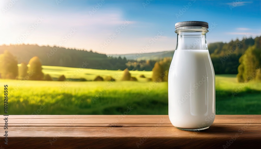 beautiful glass bottle of milk on wooden desk table top with nature background , space for text, cards banners or posters beautiful glass bottle of milk on wooden desk table top with nature background , space for text, cards banners or posters