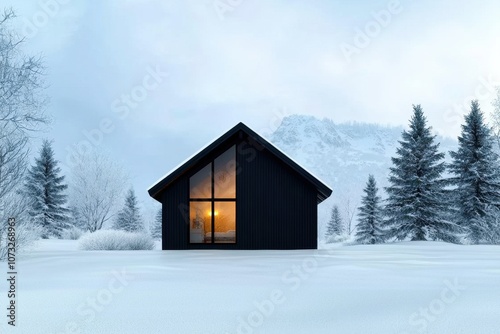 A cozy black cabin nestled in snowy white landscapes, surrounded by trees, exuding warmth from its glowing windows.