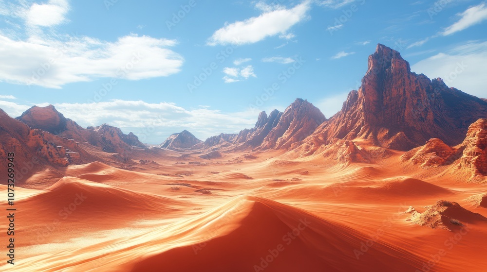 Naklejka premium Sprawling desert landscape with red sand dunes, unique rock formations, and bright blue sky