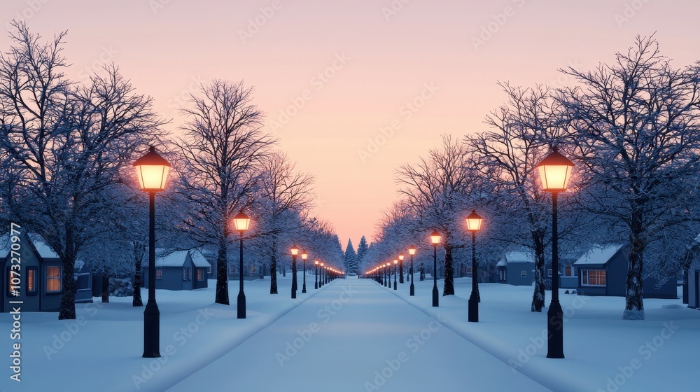 A serene winter street scene featuring snow-covered trees and glowing lamps, leading to a soft, pastel-hued sky at dawn. A serene winter street scene featuring snow-covered trees and glowing lamps, leading to a soft, pastel-hued sky at dawn.