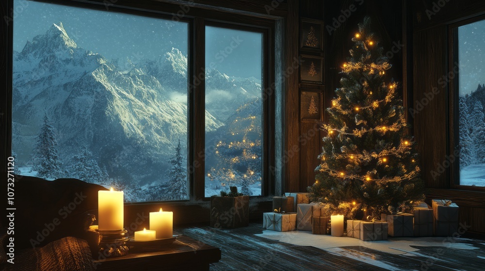 A Decorated Christmas Tree in a Cabin With a Mountain View A Decorated Christmas Tree in a Cabin With a Mountain View