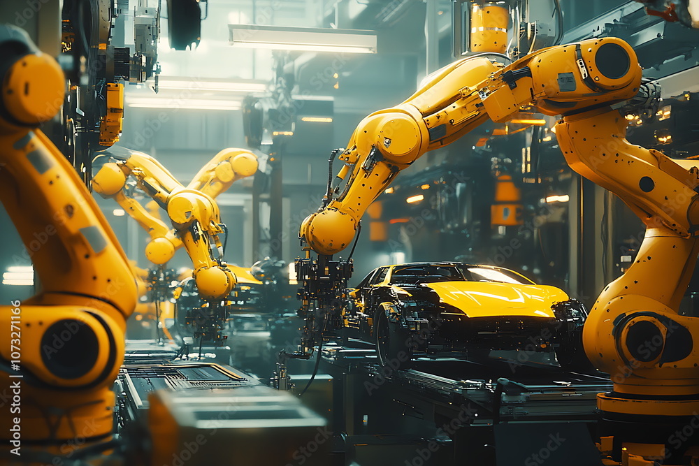 Yellow robotic arms in a car production line Yellow robotic arms in a car production line