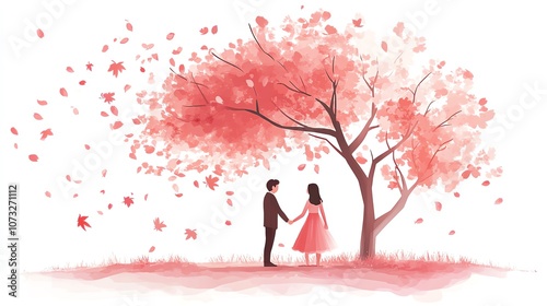 a 2D cartoon illustration of a couple holding hands at a romantic sunset, warm and loving, white background--ar 16:9 photo