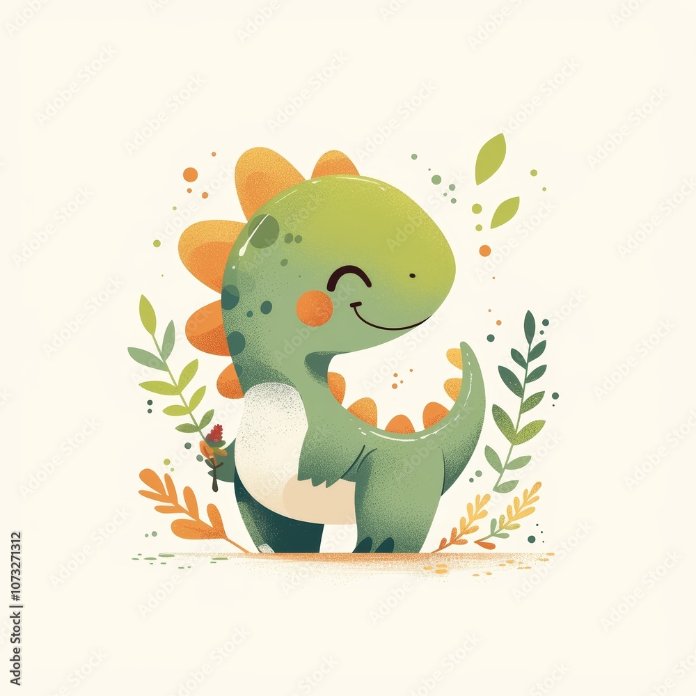Obraz premium Adorable Cartoon Dinosaur in Nature Scene with Greenery