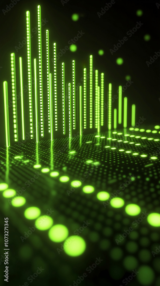 Glowing green vertical lines rise from a surface of green dots, creating a dynamic visual. Concept of music visualization, digital art, futuristic technology. Glowing green vertical lines rise from a surface of green dots, creating a dynamic visual. Concept of music visualization, digital art, futuristic technology.