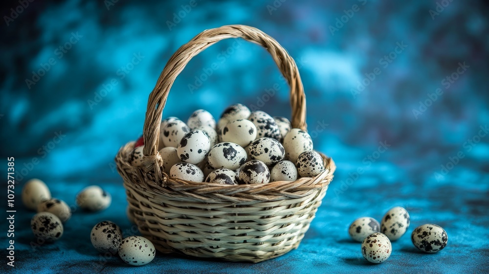 Wicker basket of quail eggs. Azure background Wicker basket of quail eggs. Azure background