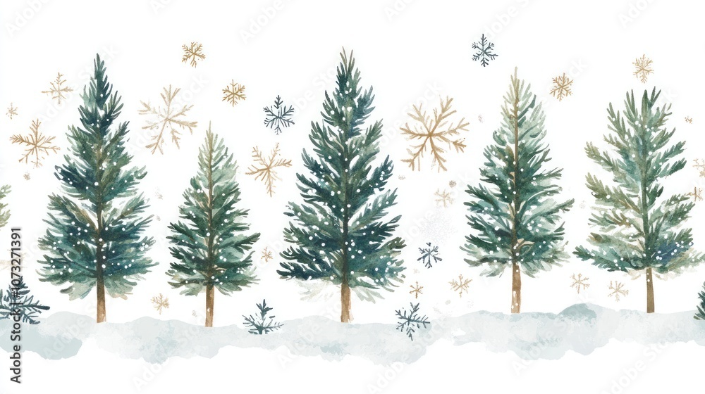 Obraz premium Winter forest scene with snowflakes and fir trees, softly blending into a white background