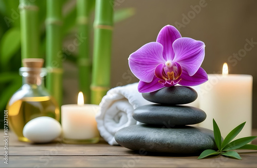 Massage spa concept, tranquility and relaxation. A composition of massage stones and an orchid flower in the foreground. Lighted candles and a bottle of oil in the background create a cozy atmosphere