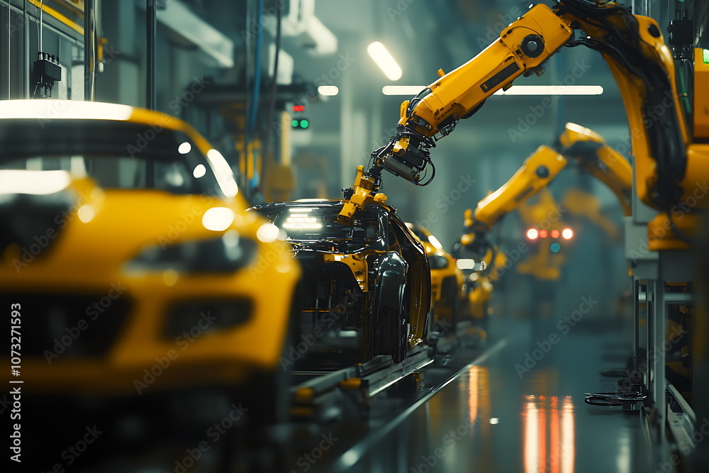 Yellow robotic arms in a car production line Yellow robotic arms in a car production line