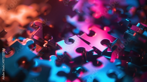 Metallic Puzzle Pieces Under Neon Lights