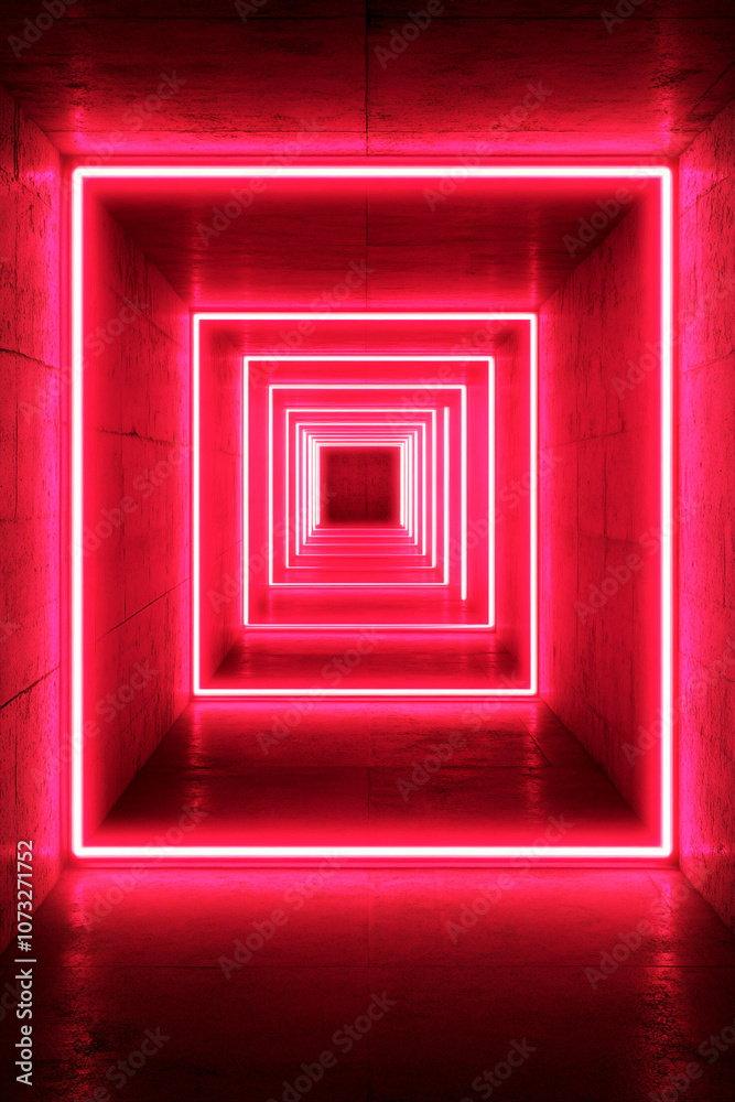 A corridor with receding neon pink square frames creates a futuristic tunnel effect. Concept of abstract design, vibrant lighting, virtual reality. A corridor with receding neon pink square frames creates a futuristic tunnel effect. Concept of abstract design, vibrant lighting, virtual reality.
